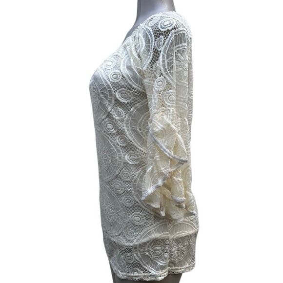 Lace Overlay Blouse Women's Small Cream Crochet Embroidered Ruffle Bell Sleeve - Picture 12 of 15